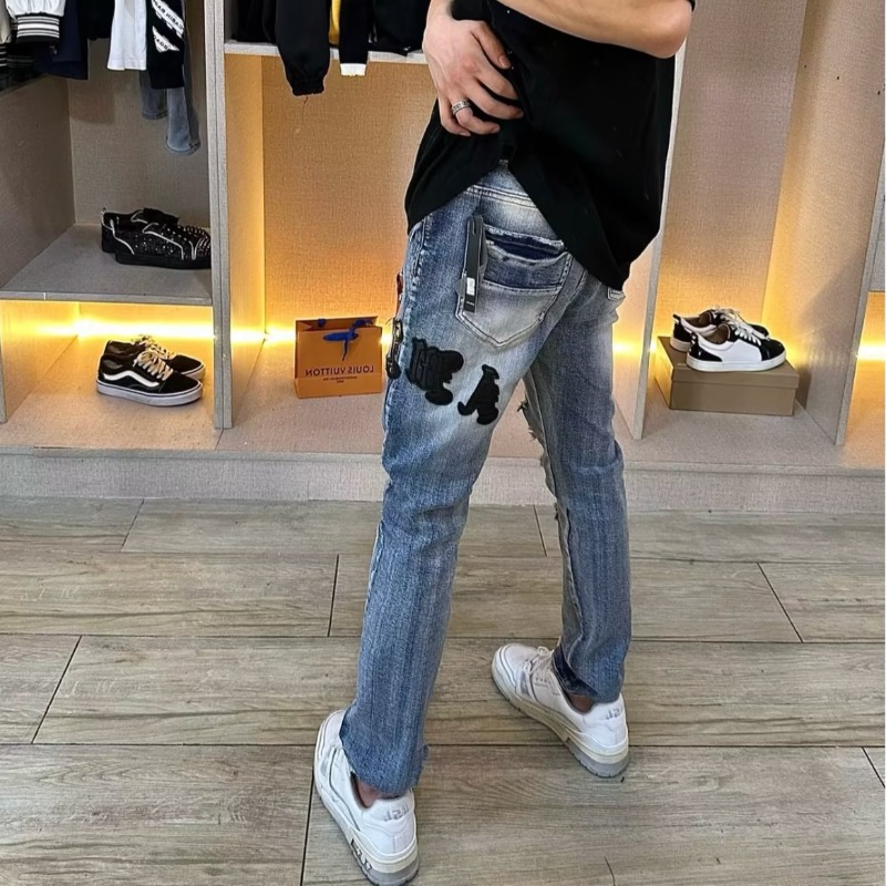夏季新款高街贴标破洞欧美牛仔裤男装修身小脚网红学生百搭潮流裤