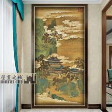 古画阁楼亭台墙纸古风宋画山水图壁纸中式祥云仙山楼阁墙布背景画