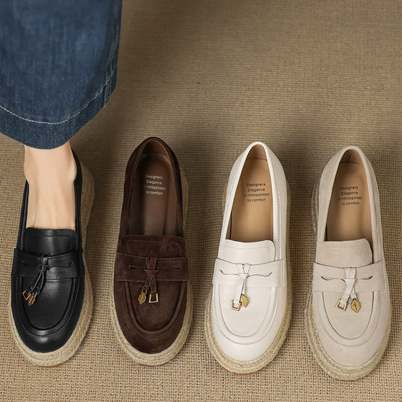 Тканые туфли на платформе с клиновидным каблуком в ретро-стиле, новые весенние 2025, из матовой кожи, на толстой подошве, с круглым носком, женские лоферы.