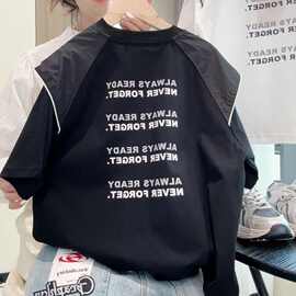 男童夏季机能风短袖T恤拼接肩带字母带口袋上衣中大童潮酷休闲衫