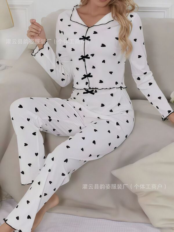 pajamas欧美跨境爱心印花家居服长袖长裤翻领睡衣女夏内衣可外穿|undefined