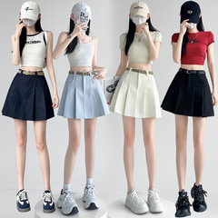 女性用スカイブループリーツスカート、夏の新しいハイウエストスリムで多用途なスカート、露出防止と股をカバーするショートスカート