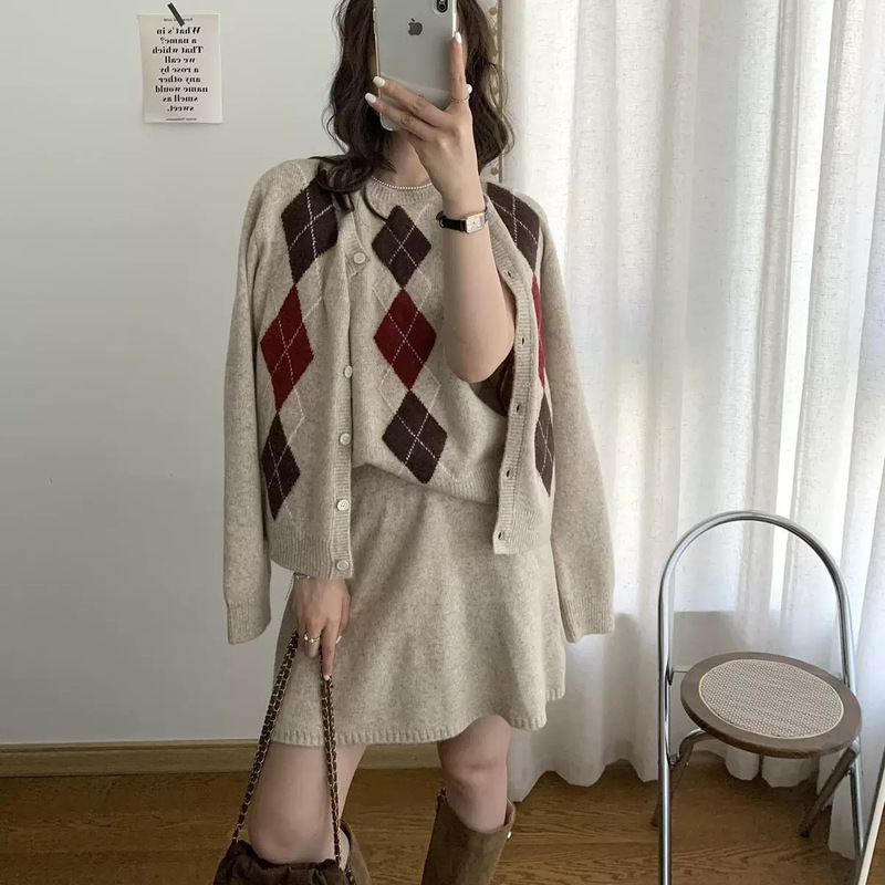 2025韩系菱格针织开衫三件套女秋季新款宽松毛衣外套套装跨境批发|undefined