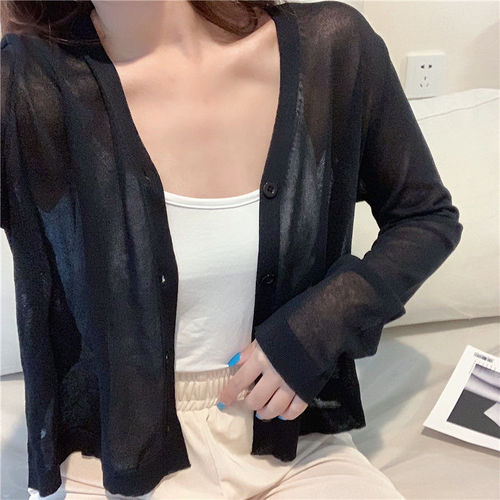 Solid color v-neck ice silk sunscreen cardigan for women 2023 summer Korean style loose air-conditioned shirt with casual jacket top