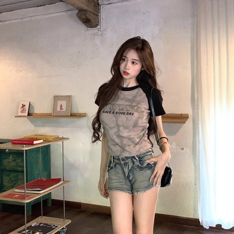 13ライン高品質タイダイラグランスリーブTシャツレディース半袖夏右肩ショートファッションヨーロッパトップス|undefined