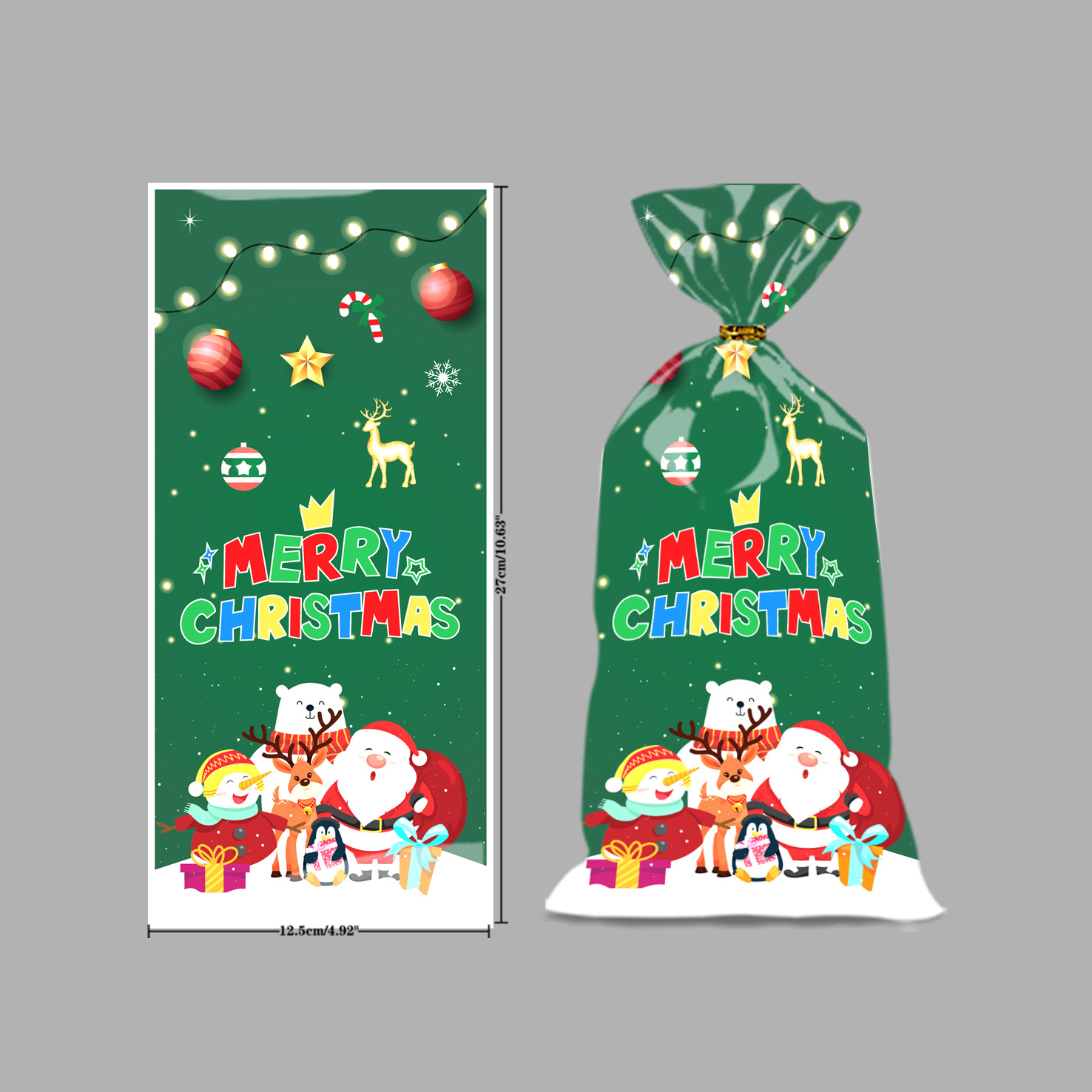 녹색 바닥 산타클로스와 사슴 50개 + 타이 와이어 60개, 12.5*27CM, OPP