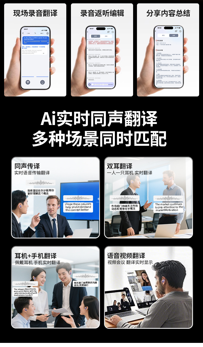 Beambox conference headphones feature intelligent AI recording, transcription, simultaneous interpretation, Bluetooth wireless headphones, and ear clip noise reduction undefined