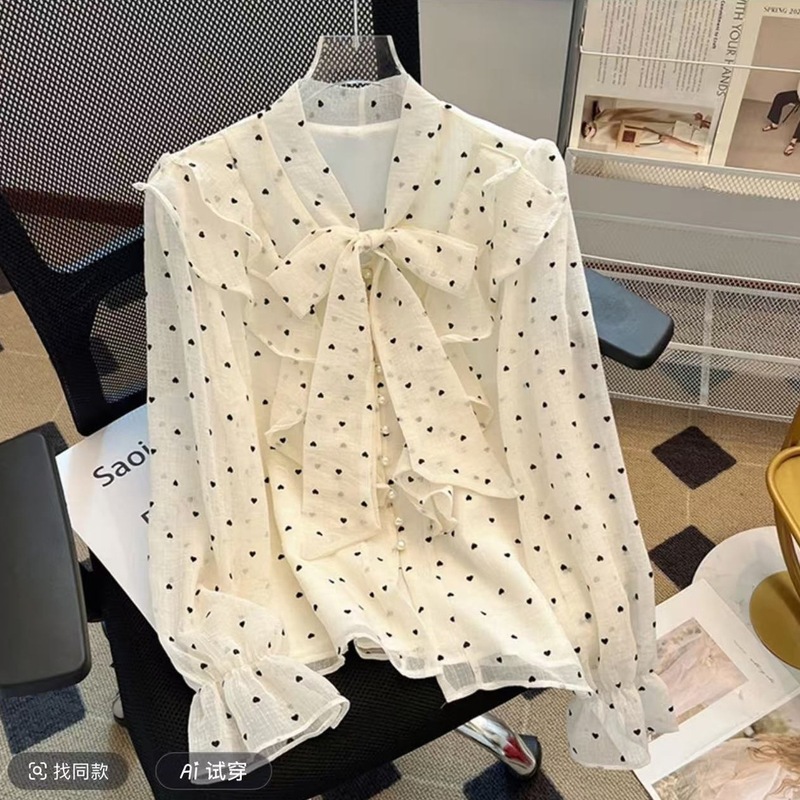 法式波点雪纺上衣女春蝴蝶结小衫气质名媛甜美荷叶边泡泡长袖衬衫|undefined