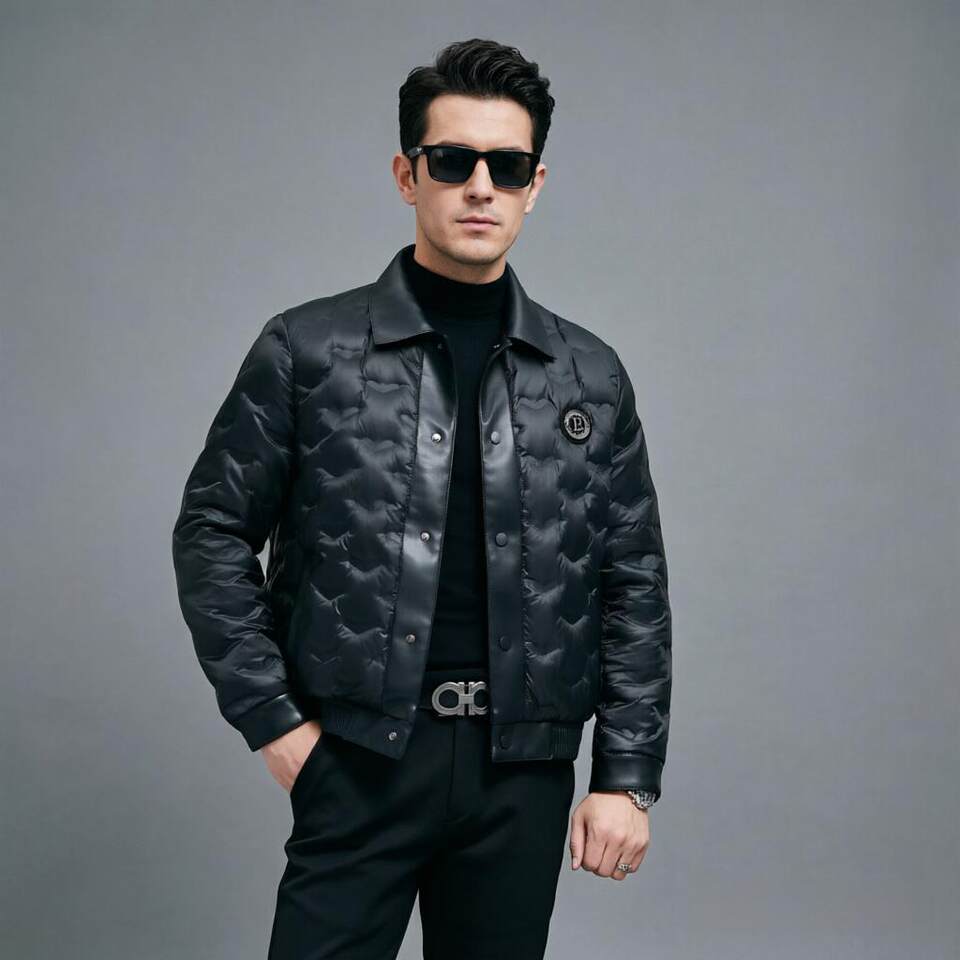 Áo khoác da nam dáng rộng cài nút, lót lông, dài áo 50–65 cm — màu đen