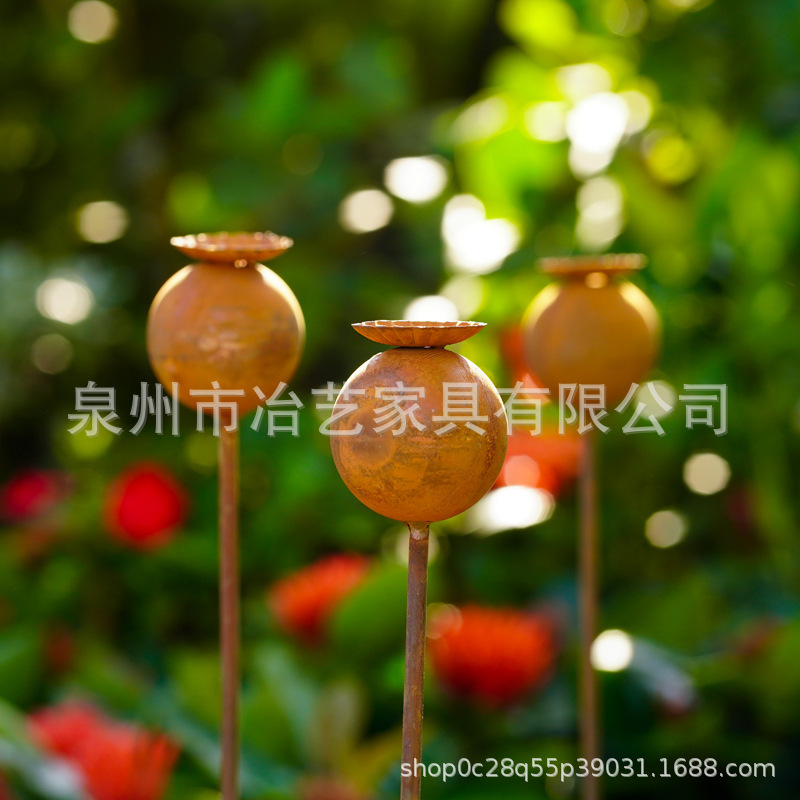 跨境花园地插装饰做锈罂粟头植物地插户外复古美丽的地插装饰|undefined