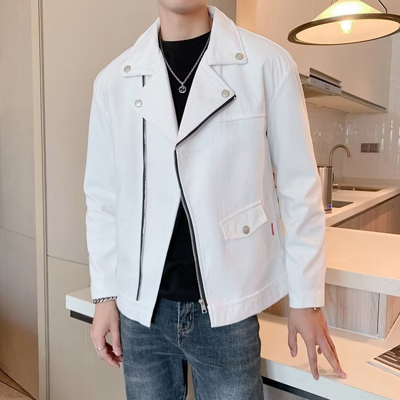 Nueva personalidad, tendencia, chaqueta corta de motocicleta para hombres, versión coreana suelta, salvaje, manga larga, solapa, cremallera, chaqueta blanca para hombres