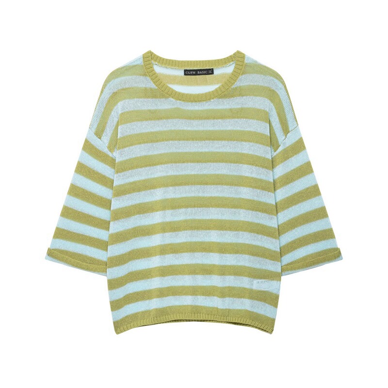 Pb&Za Cross-Border Women's Clothing 2026 Summer Loose Round Neck Over-The-Elbow Sleeve Casual Striped Knitted T-Shirt 2756039 Pb&Za Cross-Border Women's Clothing 2026 Summer Loose Round Neck Over-The-Elbow Sleeve Casual Striped Knitted T-Shirt 2756039