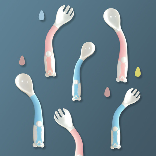 Baby spoon can be bent to eat, training fork and spoon set, newborn children's tableware, food supplement, elbow soft spoon, twisting spoon