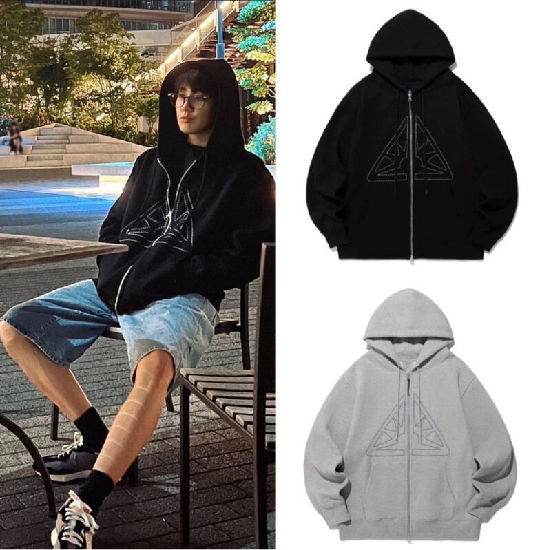 () full round you Korean style design triangle embroidery hooded zipper sweater cardigan loose men's and women's coat
