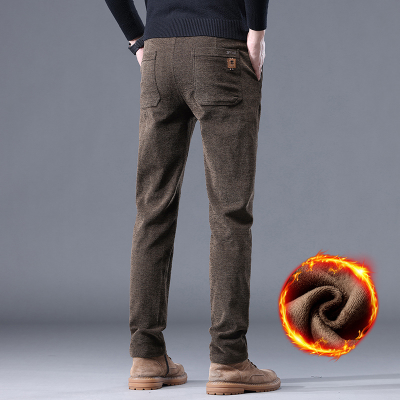 Otoño e invierno pantalones casuales antiarrugas de los hombres de fácil cuidado slim fit pantalones de los hombres chenille forrado de lana engrosada pequeños pantalones rectos niños