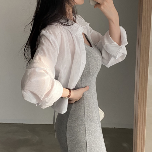 Chic Summer Long-Sleeve Chiffon Sun Shirt with Design Details, Back Belt, Backless Short-Sleeve Blouse for Women from Korea