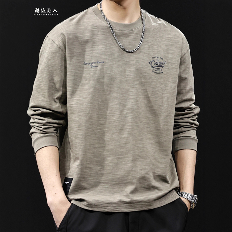 Long-Sleeved T-Shirt Men's 2025 New Autum Trend Versatile Bamboo Cotton Inner Layering Clothes Round Neck Large Size Spring and Autum