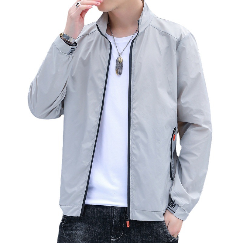 Verano nuevos hombres ropa de protección solar chaqueta seda del hielo estilo coreano moda al aire libre delgada capa piel collar soporte ocasional