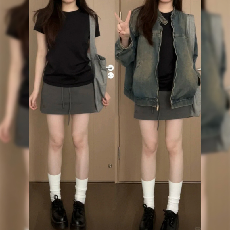 酒红色正肩女恤领短袖收腰短上衣掐腰黑色微胖修身显瘦辣妹夏季|undefined