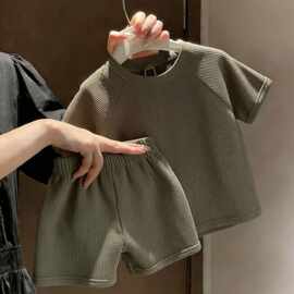 夏季儿童套装华夫格男童女童小童宝宝纯色短袖套头薄款休闲两件套