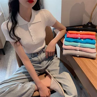 灰色翻领短款高腰上衣女设计感夏季新款2026网红条纹短袖T恤ins潮