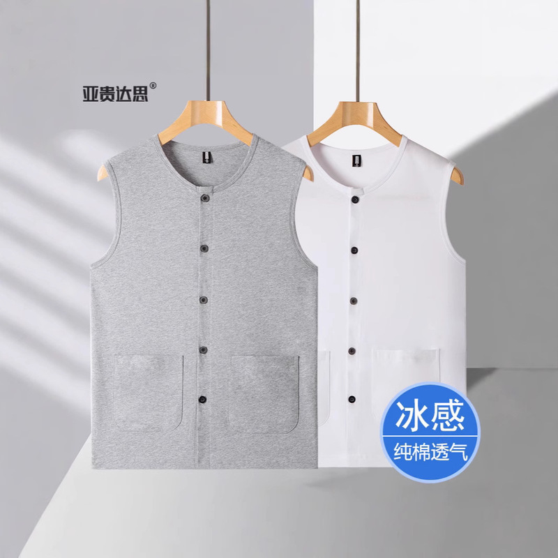 Summer Sleeveless Vest Men's T-Shirt for Elderly, Loose Pure Cotton Dad Vest for Middle-Aged and Elderly with Front Button Pockets Summer Sleeveless Vest Men's T-Shirt for Elderly, Loose Pure Cotton Dad Vest for Middle-Aged and Elderly with Front Button Pockets