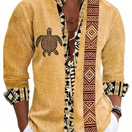 Cross-border men's clothing Bohemian turtle pattern color-blocking geometric patchwork long-sleeve shirt loose cotton-linen cardigan wholesale