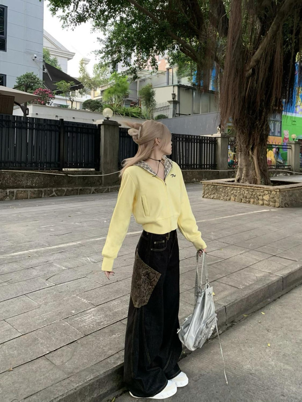 美式复古黄色格子连帽卫衣女春秋新款开衫短款设计感百搭上衣外套|undefined
