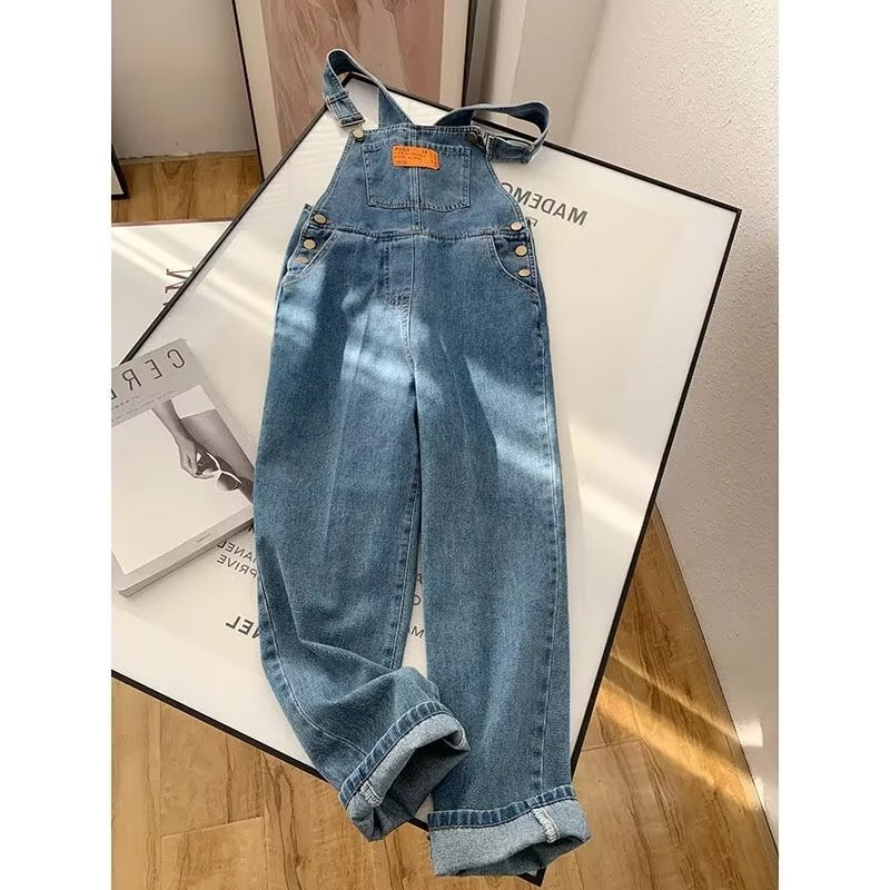 Vintage Denim Strap Pants Women's Winter Cool Salt Style Design Sense Niche Chubby Sister's Straight-Leg Loose Wide-Leg Pants