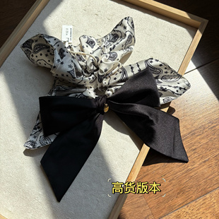 Korean Style Hair Accessories 2025 New High-grade Black Satin Figure Bow Ribbon Hair Ring Large Bowel 1092