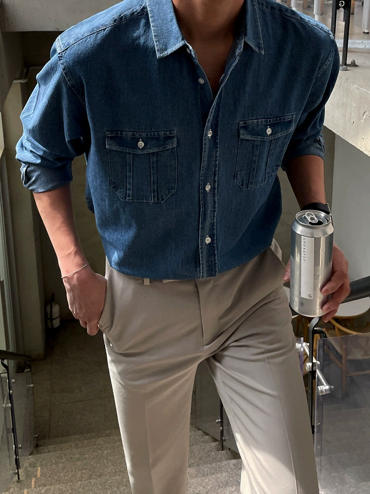 Винтажная джинсовая рубашка с длинным рукавом для мужчин, в расслабленном корейском стиле, модная свободная повседневная универсальная синяя рубашка, рабочая рубашка.