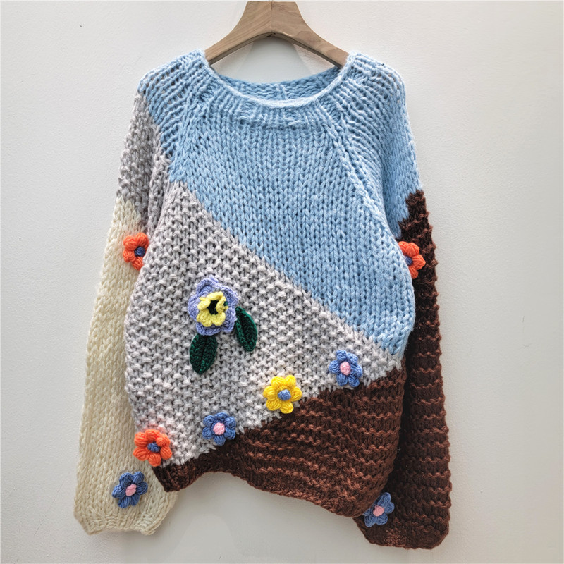 2025 otoño nueva moda versátil estereoscópico suéter de gancho flores mujeres otoño invierno engrosado camisa de punto gruesa y cómoda moda