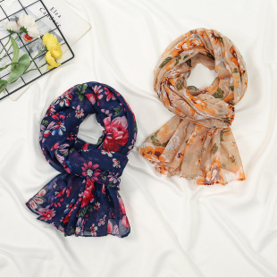 Flower Printed Voile Versatile Fashionable Long Scarf Spring, Summer and Autumn Elegant Trendyy Comfortable Soft Travel Shawl Headscarf
