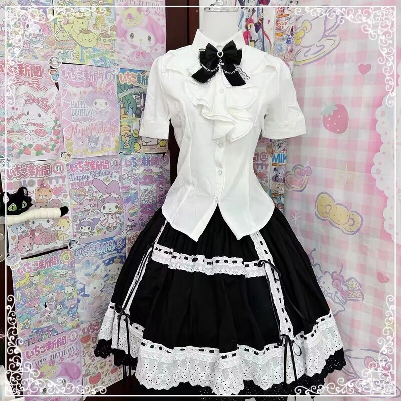 Japanese Lolita vintage-style girl's cosplay everyday white versatile gothic subculture short-sleeve lace shirt Japanese Lolita vintage-style girl's cosplay everyday white versatile gothic subculture short-sleeve lace shirt