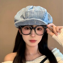 日系做旧破洞牛仔八角帽女复古时尚百搭贝雷帽显脸小云朵画家帽子