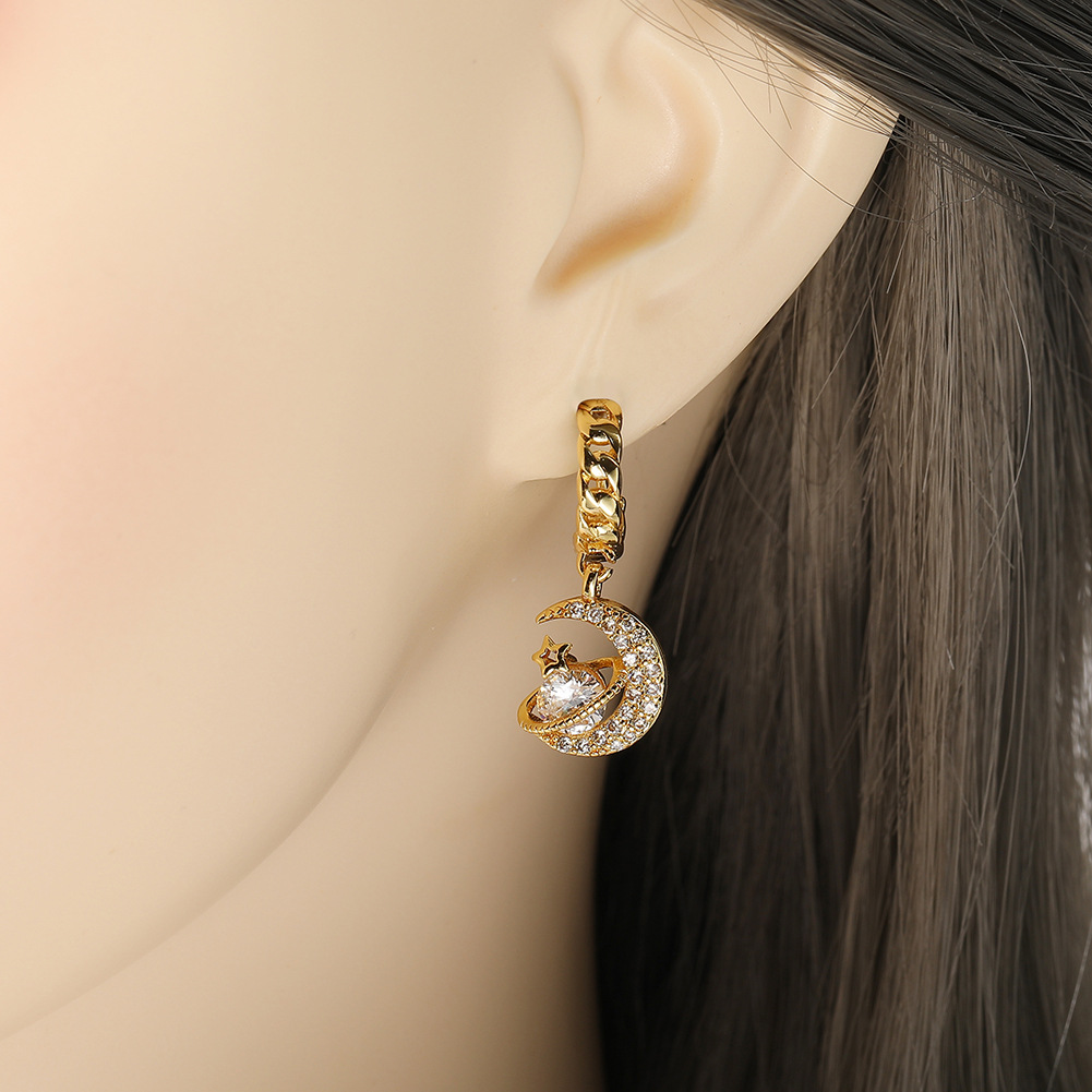 Shiny Moon Planet Copper Gold Plated Zircon Drop Earrings 1 Pair