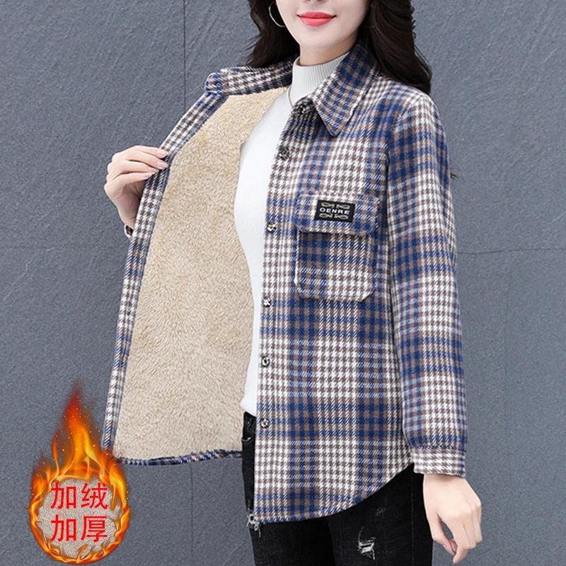 [Fleece Style] Autumn and Winter New Large Size Soft Wool Plaid Mid-Length Shirt Women's Casual Easiest for Match Long Sleeve Jacket