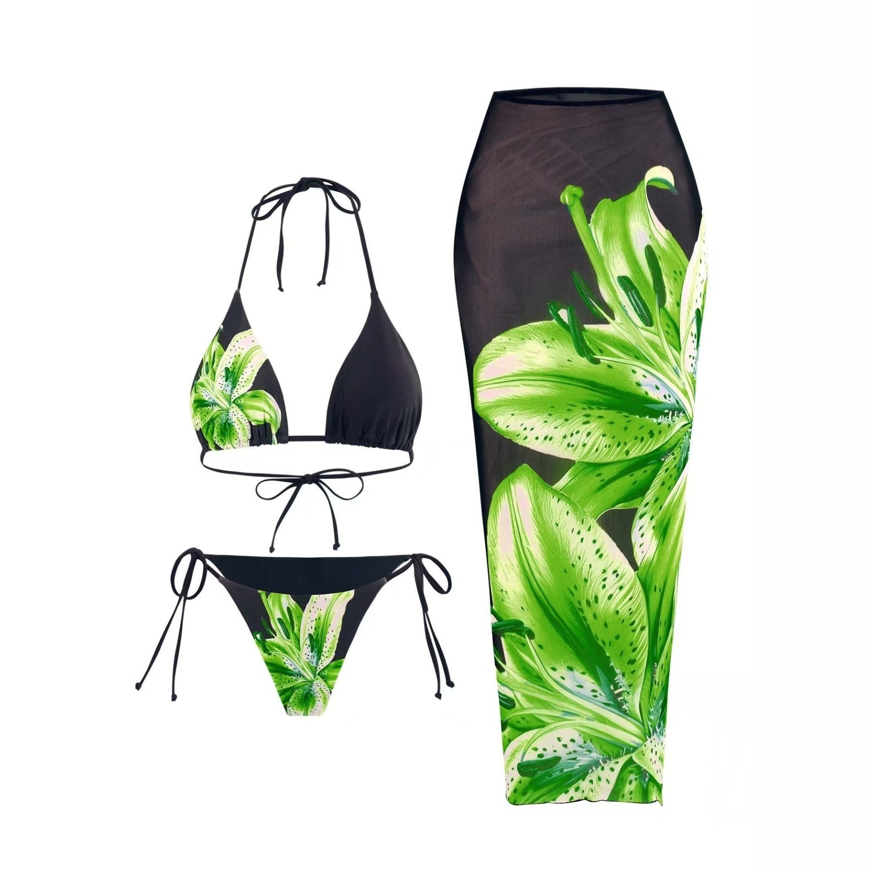 Women's Clothing Style Printed Two Piece Bikini Slim Wrap Skirt Lily Print Swimsuit Three Piece Set For Women Beach & Pool Ready_voghion.com