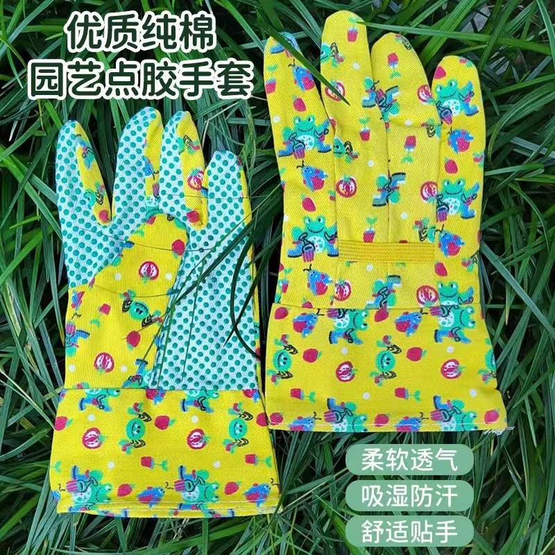 园林手套批发  透气印花防割伤花园手套罗口针织绒布点胶手套35克