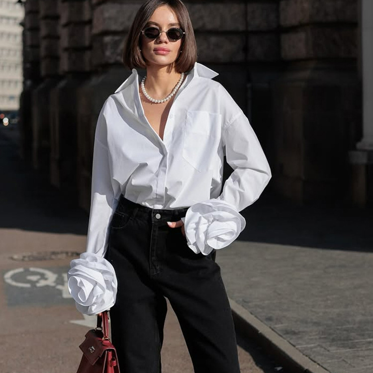 French Style Design Stitching Flower Long-sleeved Blouse Cotton Lapel Commuter White Shirt All-match Cardigan Top