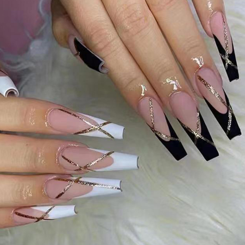 Black and white nail piece gold line silver line new metal nail wear armor 24 boxed fake nails A137