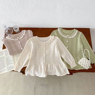 ins Korean style summer baby girls' knitted sun protection air conditioning shirt infant breathable Western style hollow thin cotton yarn coat