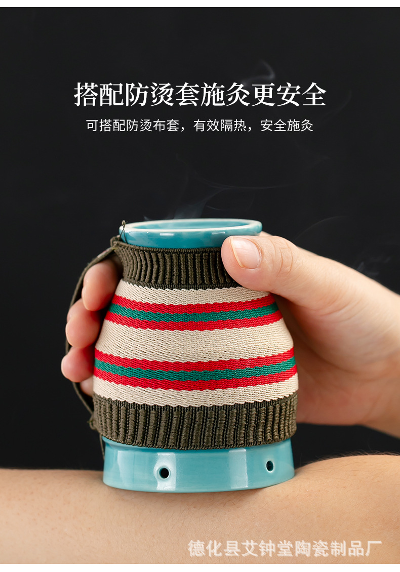 Ceramic Moxa Burner Jar Purple Clay Moxibustion Box with Moxa Stick Holder for Home Warming Therapy in use