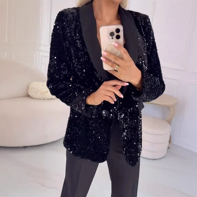 2024 Cross-Border Independent Website European and American Foreign Trade New Style_ Autumn and Winter Casual Fashion Sequined Lapel Blazer