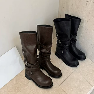 欧美西部骑士靴女靴轻奢复古堆堆靴牛皮弹力超纤宽松舒适长靴