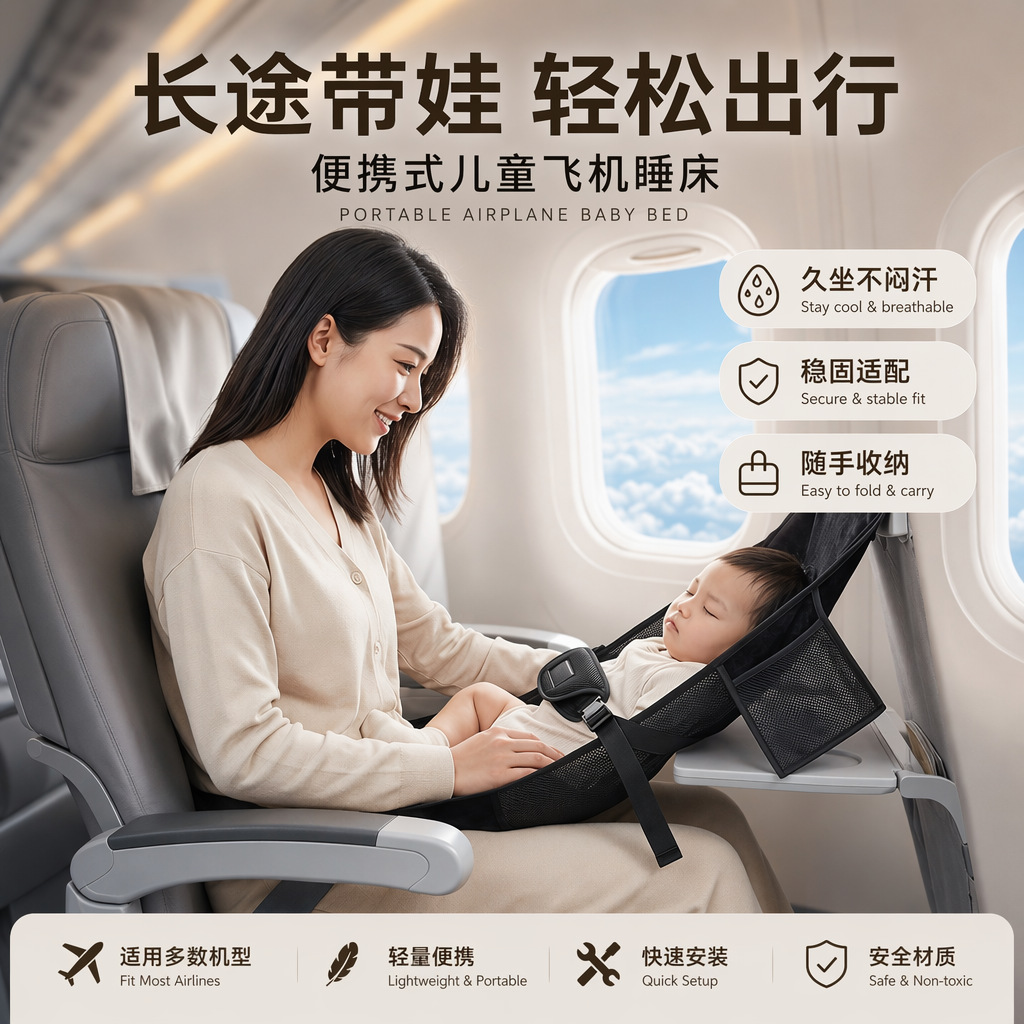 Portable children's airplane sleeping bed, baby mattress, breathable mesh, stable fit, lightweight for travel, in stock at the factory