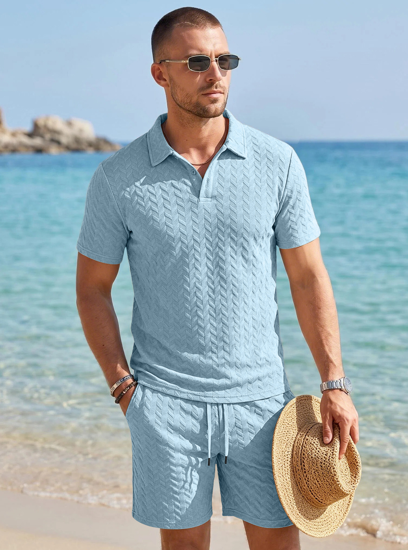 Cross-border TK Jacquard hombre polo camisa de verano con solapa grande transpirable y casual deportivo de manga corta set de pantalones cortos