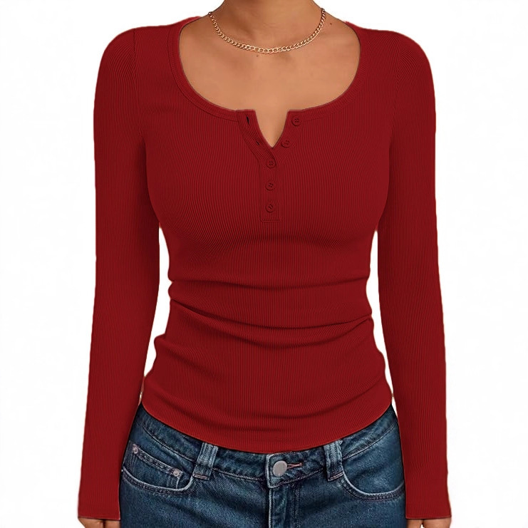Fashion Queen Women's Long Sleeve Henley T-Shirt Autumn Ribbed Tops Formal Business Casual Work Teenager