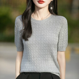 100纯棉短袖针织圆领春夏季麻花薄款打底衫T恤显瘦上衣批发女装