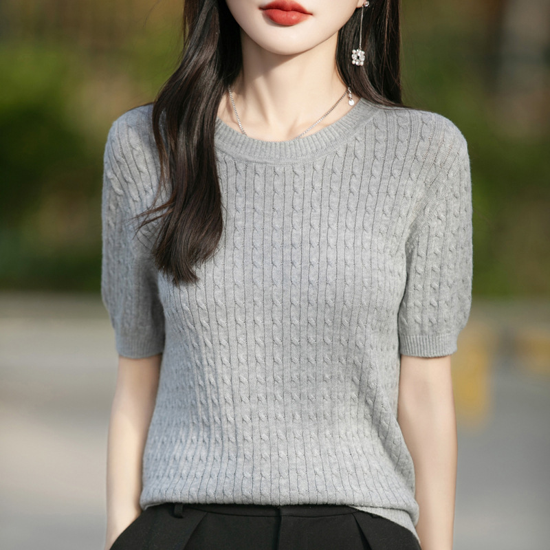 100% Pure Cotton Short-Sleeve Knit Round-Neck Spring/Summer Thin Cable Knit Base Shirt T-Shirt Slimming Top Wholesale Women's Clothing